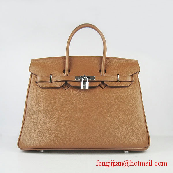 Hermes 35cm Embossed Veins Leather Bag Light Coffee 6089 Silver Hardware